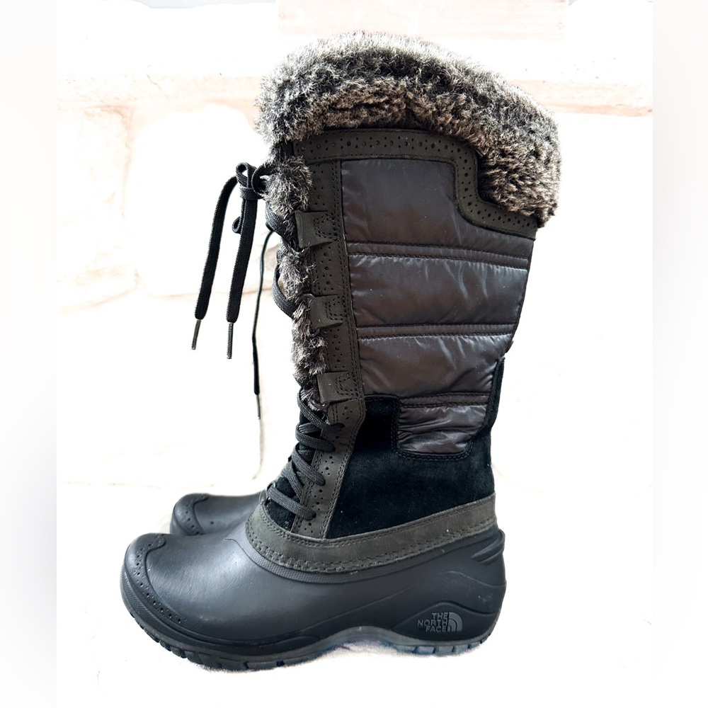The North Face Shellista II Winter Boots, black, tall, faux fur trim.